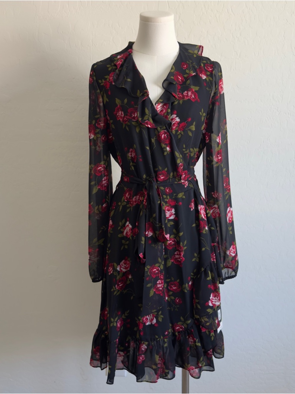 Nine West Black Floral Ruffle Wrap Dress